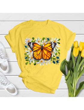 Tricou feminin Fluturi fluture galben cu flori, engros