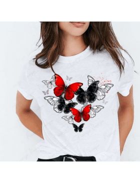 Tricou feminin Fluturi fluturi negru rosii, engros