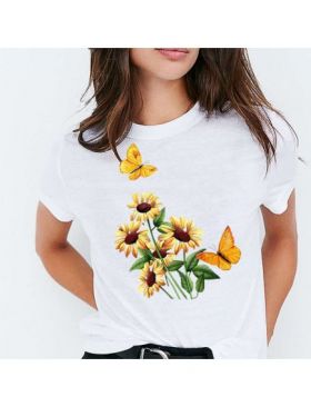 Tricou feminin flori, floarea soarelui si fluturi, engros