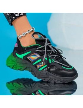 Adidasi dama Foxy Shoes, Negru+Verde, en-gros