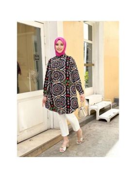Cămașă damă, negru cu imprimeu multicolor Engros