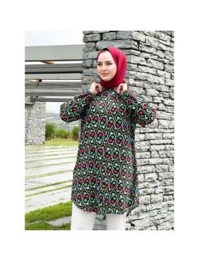 Cămasă damă, negru, cu model roșu-verde Engros