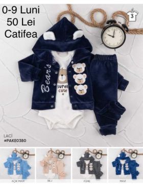 Compleu 3 piese Engros pentru bebelusi, din catifea, cu model