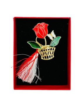 Brosa Martisor En-gros, Cosulet cu Trandafir, ambalata in cutie rosie cu fereastra, 8.5×6.5×2.5cm