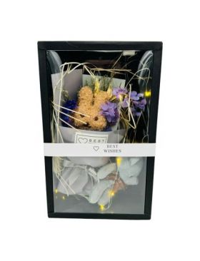 Cadou Engros, Buchet cu Flori naturale uscate si Iepuras + Jucarie din plus, ambalaj deosebit, 26.5×16.5×6cm