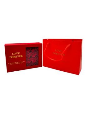 Caseta Eleganta En-gros cu 12 Trandafiri de Sapun si compartiment pentru bijuterie, ambalaj de cadou, Love Forever, Rosu, 18×13.5×5cm