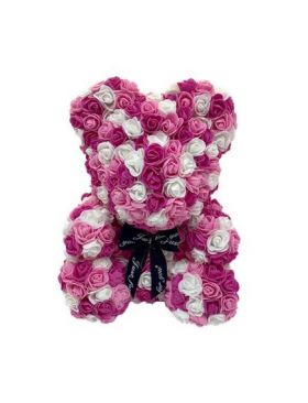 Ursulet Dragalas En-gros din Trandafiri de spuma, cu fundita, ambalat in cutie transparenta de cadou, 28×17.5×17.5cm