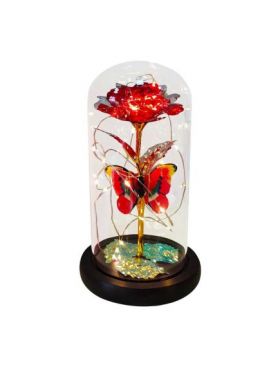 Trandafir de sticla artificial in cupola 15 cm cu lumina led