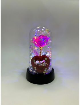 Trandafir de sticla artificial in cupola din plastic cu lumina led