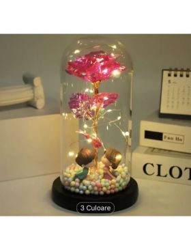 Trandafiri din sticla artificiala in cupola 22.5 cm cu lumina led engros