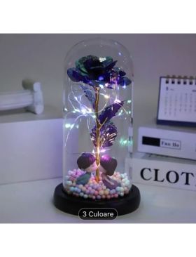 Trandafiri din sticla artificiala in cupola 22.5 cm cu lumina led engros