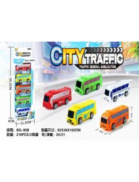 Set 5 autobuze City Traffic, pull-back action, 32.5×11.3×4cm, multicolor, +3ani, en-gros