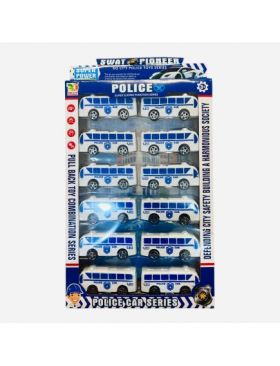 Set 12 autobuze de politie Swat Pioneer, 33.5×22×3.5cm, alb-albastru, +3ani, en-gros