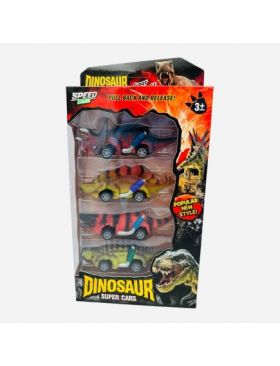 Set 4 masinute dino, Dinosaur Super Cars, pull-back action, multicolor, 28×16.5×4.5cm, +3ani, en-gros