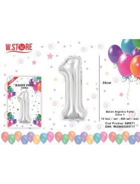 Balon cifra 1 din folie metalizata, argintiu, 35cm, en-gros