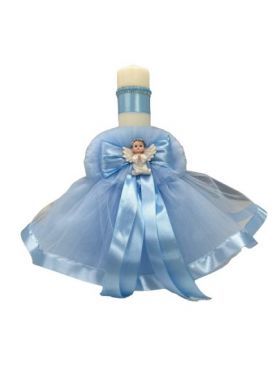 Lumanare de botez, cu tull rochita si ingeras aplicat, bleu