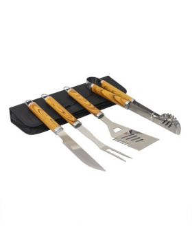 Set 4 piese din inox si maner de lemn, pentru gratar plus borseta depozitare / ZTS 8329 Engros