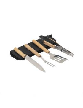 Set 4 piese din inox si maner de lemn, pentru gratar plus borseta depozitare / ZTS 8337 Engros