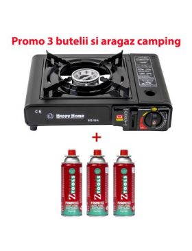 Pachet promo - Aragaz camping, aprindere automata, negru, AD-1 + 3 butelii 410ml / SET 30059 Engros