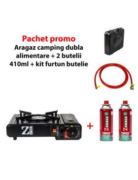 Pachet promo - Aragaz camping, aprindere automata, negru, dubla alimentare + 2 butelii 410ml + kit alimentare butelie / SET 30060 Engros