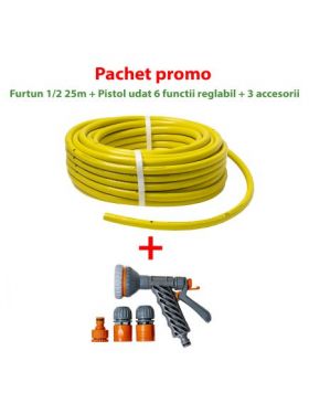 Pachet Promo - Furtun gradina, armat, cu insertie 1/2, 25m, flexibil, rezistent la radiatii UV si la frig / EXT 9663 + Pistol udat cu reglaj +3 accesorii ZTS 5542 Engros