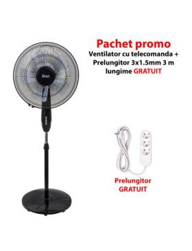 Pachet promo - Ventilator cu picior si inaltime reglabila , 3 viteze, putere 60W,temporizator,pozitie fixa sau rotativa + Prelungitor 3x1.5mm lungime 3m / ZLN 1178_1 Engros