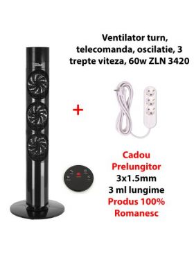 Pachet promo - Ventilator turn , Telecomanda, 60W, Functie oscilatie, 3 trepte de viteza (gratuit prelungitor 3x1.5mm 3ml lungime)/ ZLN 3420_1 Engros