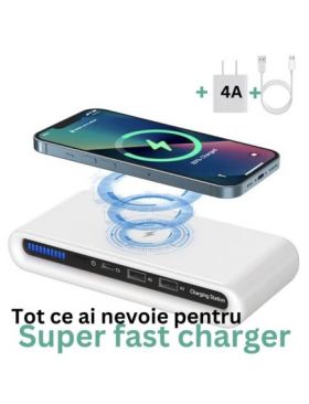 Incarcator Wireless, JML tip Statie de incarcare, Fast Charge, 15W, pentru telefon, casti, ceas, tableta, 3 porturi USB, lumini ambientale, eficienta de 75%, Alb