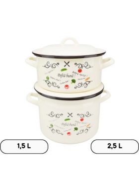 Set 2 vase emailate en-gross decor Pofta buna cu capace, cratiță​ 1,5 L si oală 2,5 L, 16 cm diametru