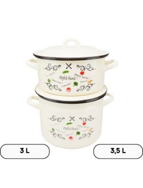 Set 2 vase emailate en-gross decor Pofta buna cu capace, cratiță​ 3 L si oală 3,5 L, 18 cm diametru