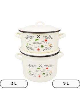 Set 2 vase emailate en-gross decor Pofta buna cu capace, cratiță​ 3 L si oală 5 L, 20 cm diametru