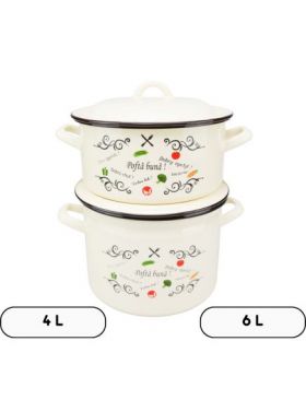 Set 2 vase emailate en-gross decor Pofta buna cu capace, cratiță​ 4 L si oală 6 L, 22 cm diametru