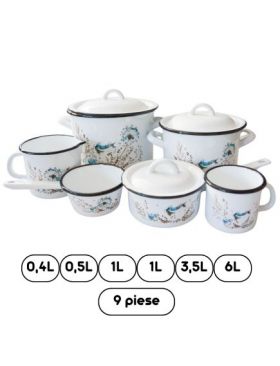 Set 9 vase emailate en-gross decor floral, 6 vase + 3 capace emailate
