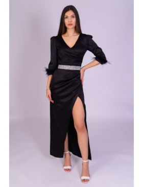 Rochie ENGROS Atena lunga din tafta neagra cu pene pe maneci