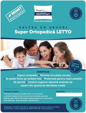Saltea cu arcuri SomnART LETTO 180x200, înălțime 22 cm, ortopedică, husă matlasată, duritate medie-tare