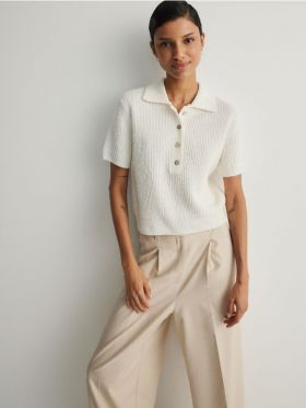 Bluza stil polo, din jerseu - crem