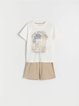 Pijama din bumbac cu imprimeu - bej