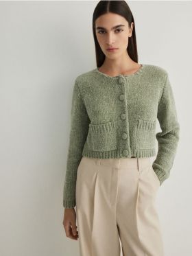 Cardigan scurt, cu buzunare - verde-pal