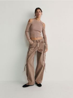 Blugi wide leg cu buzunare cargo - cafeniu