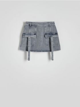 Fusta din denim, in stil cargo - gri