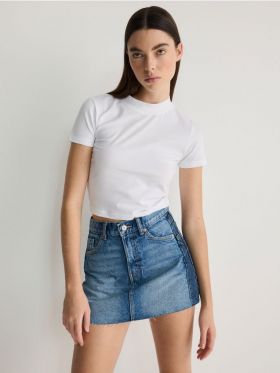 Fusta mini din denim combinat - turcoaz