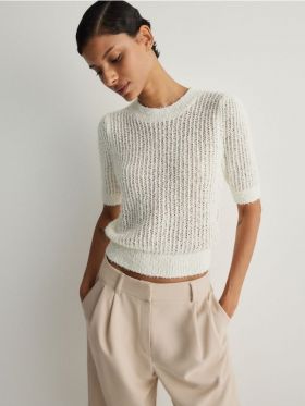 Pulover din tricot structurat - crem