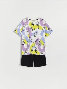 Pijama din bumbac cu imprimeu - crem