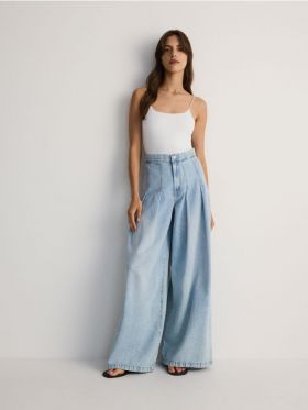 Blugi wide leg cu pliuri - albastru