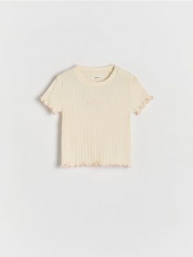 Tricou cu detaliu brodat din tricot striat - nude