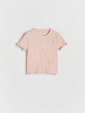 Tricou cu detaliu brodat din tricot striat - roz-pastel