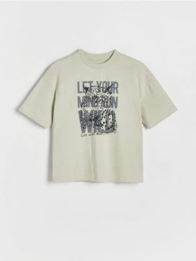 Tricou oversized cu imprimeu - verde-oliv deschis