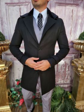 Palton de bărbați, Slim Fit, Negru cu guler detașabil de blana - PT448