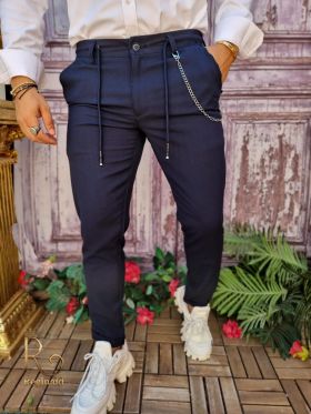 Pantaloni casual Slim-Fit, Bleumarin, cu șnur si lanț - PNT207