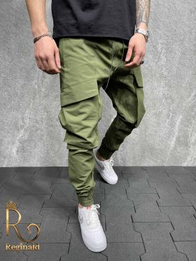 Pantaloni barbati casuala cu buzunare laterale slim-fit, conici , verde - PNT251